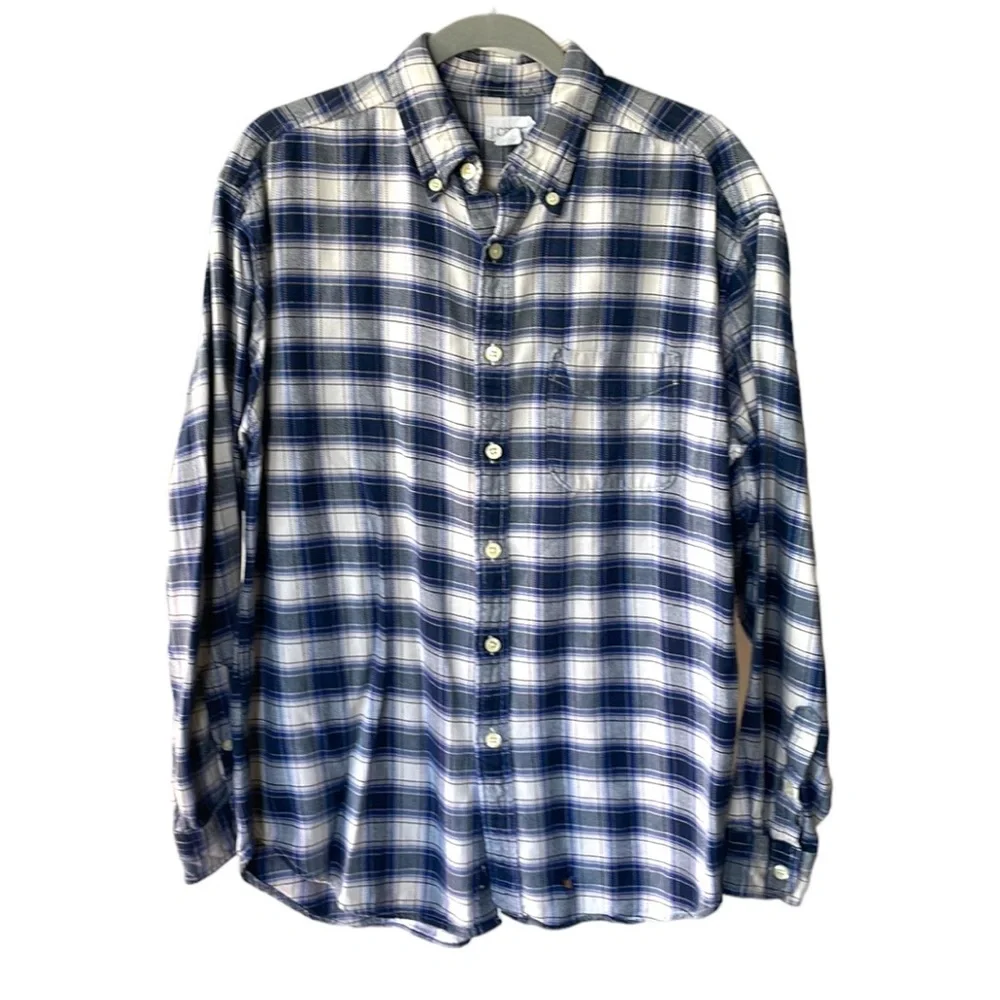 J. Crew Navy Blue White Plaid Flannel Size Medium
